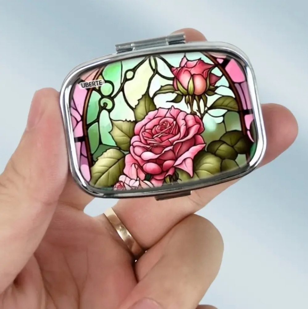 NEW! Beautiful Stained Glass Style Rose Medicine Compact Holder.